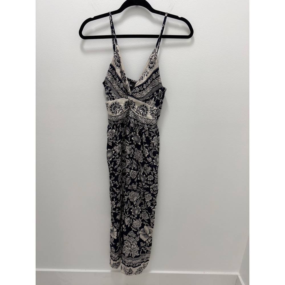 Angie Navy Blue Cream Floral Twist Front Wide Leg Jumpsuit Womens Large Boho